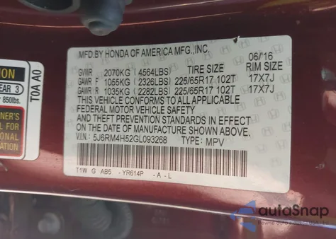 2016 Honda Cr-V Ex z USA, uszkodzony, nr VIN 5J6RM4H52GL093268